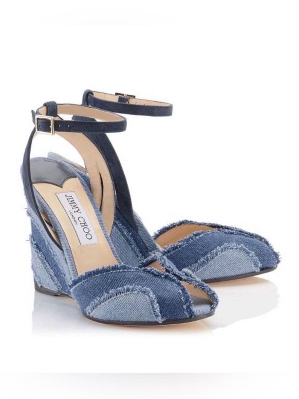 Jimmy Choo Authentic DAMON Two Tone Blue Denim Frayed Edge Wedge Heel Sandals